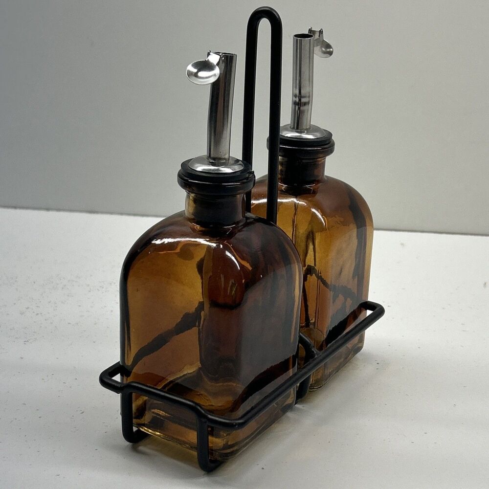 Set Of 2 Vintage Amber Bottles With Holder - Beautiful Design